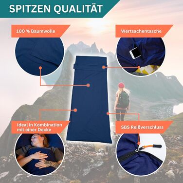 Бавовняний підклад для спального мішка - Ультралегкий та ультратонкий підклад для спального мішка без підкладки - Дорожній спальний мішок невеликого розміру, підкладка з кишенею для подушки - Компактний та маленький, темно-синій