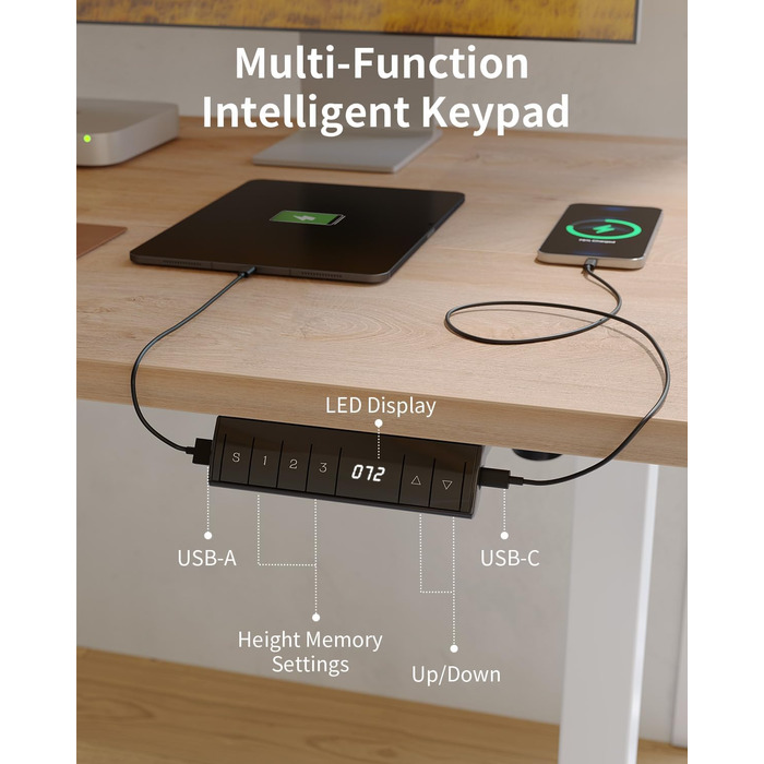 Стіл FEZIBO з регульованою висотою та портами зарядки USB-A та USB-C, 100 x 60 см