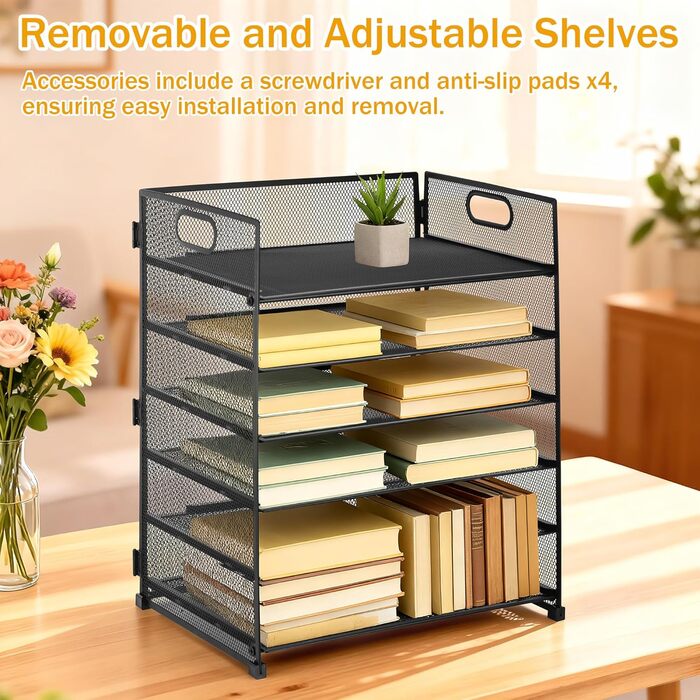 Металевий настільний органайзер, 6 відділень для листів та документів (A4), чорний, металевий настільний органайзер з ручкою, органайзер для шухляд 32x23x40 см, офісне приладдя для паперу A4, книг, журналів