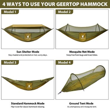 Оновлений гамак для вулиці 3-в-1 з москітною сіткою та сонцезахисним навісом, надлегкий кемпінговий гамак з вантажопідйомністю 200 кг для використання на свіжому повітрі, кемпінгу, походів, зелений
