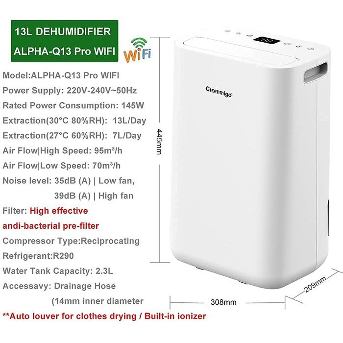 Осушувач повітря 13 л/добу (ALPHA-Q13 Pro WiFi),Осушувач підходить для приміщень площею від 20 м до 50 м,для приміщення підвалу кв
