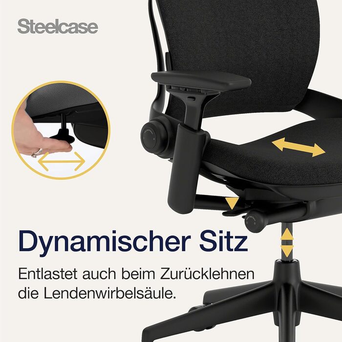 Ергономічне офісне крісло Steelcase Leap з поперековою опорою LiveBack та гнучкою S-подібною спинкою, колір чорний онікс, 62 x 68 x 100 см, без підголівника