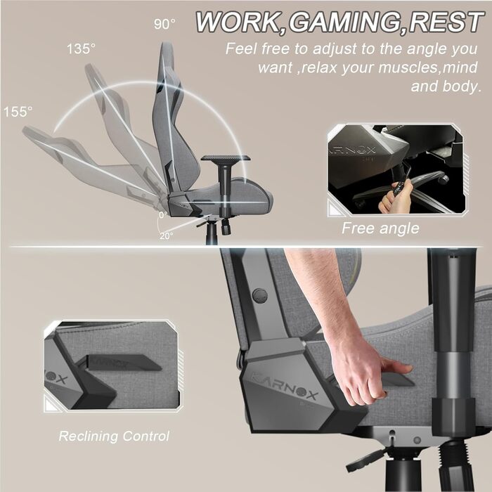 Ергономічне ігрове крісло з тканиною, офісне крісло з високою спинкою, ігрове крісло для користувачів з вагою, з підголівником та поперековою опорою, ігрове крісло в гоночному стилі, кут нахилу 155 з фіксацією кута, 56x55x135 см