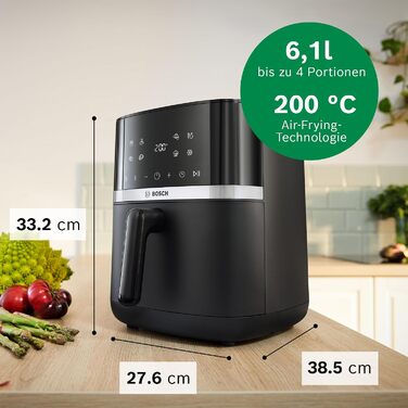 Аерофритюрниця Bosch Serie 4 XL, чорна, об'єм 6,1 л, 7 попередніх налаштувань, функції розморожування та підігріву, сенсорний екран, прискорене приготування до 60, MAF462B0