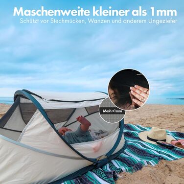 Кемпінгове ліжко Deryan BabyBox - легке, компактне та складне - розкладається всього за 2 секунди - 50 захист від ультрафіолету - вогнестійка тканина - в комплекті килимок для сну, москітна сітка та сумка для перенесення - кремовий