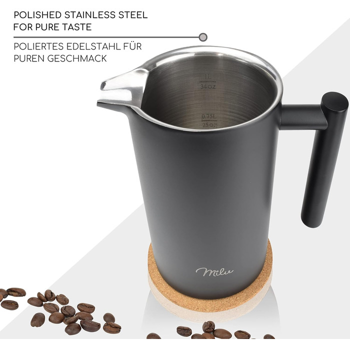 Кавоварка для френч-пресу Milu 350 мл, 600 мл, 1 л Прес для кави з нержавіючої сталі, кавоварка для домашнього туристичного кемпінгу з підставкою, ложкою, змінним фільтром (чорний, 350 мл (2 чашки) Чорний 350 мл (2 чашки)