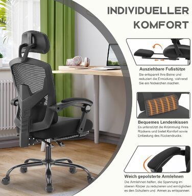 Ергономічне офісне крісло DUMOS, письмове крісло зі зручними підлокітниками, оснащене зручною поперековою опорою та підставкою для ніг, підходить для домашнього використання, C-3509-Чорний, 26 x 39 x 50,75 дюймів