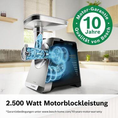 Електрична м'ясорубка Bosch Serie 8 MultiPower MFWS840M, 2500 Вт, нержавіюча сталь, 3 диски (3/4.5/8 мм), насадки для кеббе та ковбас, шинка-терка, придатна для миття в посудомийній машині