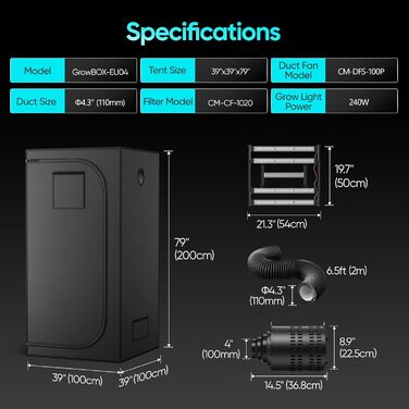 Комплект для вирощування Growzelt, 240W, 100x100x200 см LED-лампа повного спектру з вбудованим контролером та система вентиляції 17 см з вугільним фільтром, гідропонний гроубокс з термометром