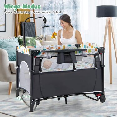 Дорожнє ліжечко DREAMADE 5-в-1 з матрацом 120 x 60 см, регульована по висоті тумбочка з пеленальний столик, музичний мобіль та іграшки, дитяче ліжечко та гойдалка для малюків від народження (сірий)