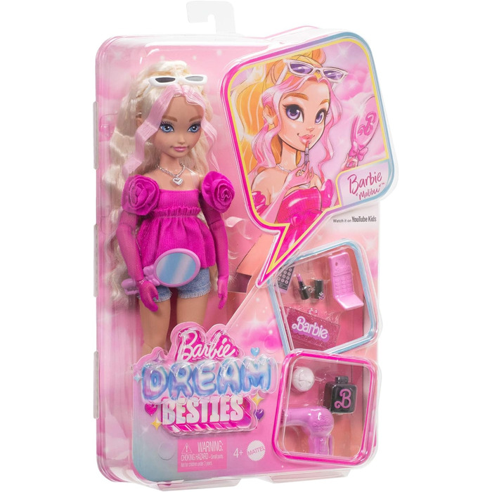 Лялька Barbie Dream Besties і аксесуари, модна лялька Барбі Малібу з хвилястим світлим волоссям, 11 предметів на тему макіяжу та з