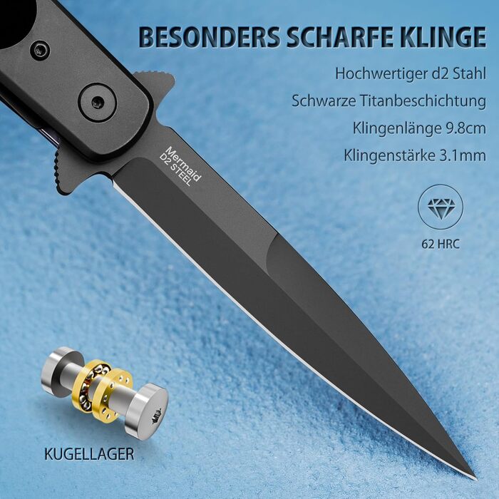 Складний ніж NedFoss MERMAID, кишеньковий ніж зі сталі D2 9,8 см з рукояткою G10, одноручний ніж з лайнерним замком і шарикопідшип