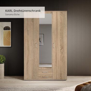 Елегантна 3-дверна шафа з великою кількістю місця для зберігання - Багатофункціональна шафа, дуб сонома, з дзеркальними дверима - 120 x 195 x 55 см, дуб сонома, 3-дверна, одинарна