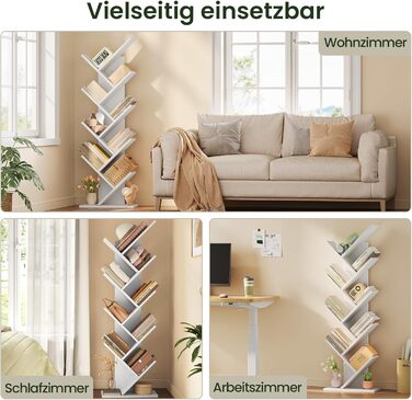 Книжкова полиця EUGAD у формі дерева, окремостояча полиця для CD/DVD з 9 полицями, полиця для зберігання, кутова полиця для спальні, вітальні, 40x127x20 см, білий