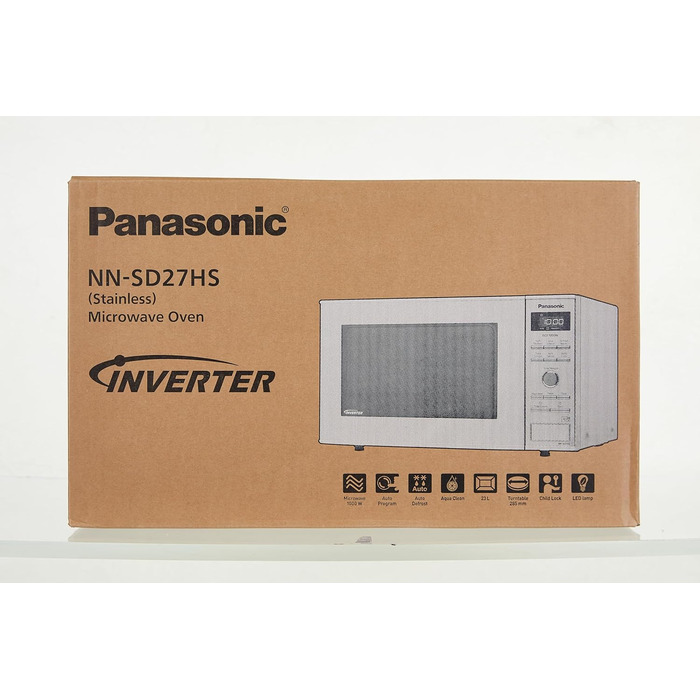 Мікрохвильова піч Panasonic NN-SD27HSGTG зі скляним поворотним столом, 23 л, 1000 Вт, 10 автоматичних програм, автоматичне розморожування, 6 рівнів потужності, таймер, цифровий LED-дисплей, нержавіюча сталь і срібло без функції гриля Нержавіюча сталь без 