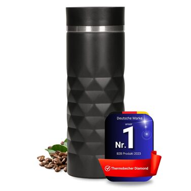 Термокружка Elasto Premium з нержавіючої сталі з кнопкою 450 мл Герметична кришка Гаряча та холодна Без BPA Термокружка для кави з собою з діамантами Матовий блиск Чорний онікс