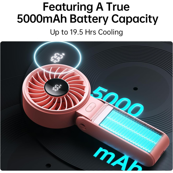 Потужний портативний вентилятор зі світлодіодним дисплеєм, максимум 19,5 годин, 5000 мАг, ручний/настільний/нашийний вентилятор 3-В-1, міні-вентилятор для подорожей (рожевий), 7, 2024