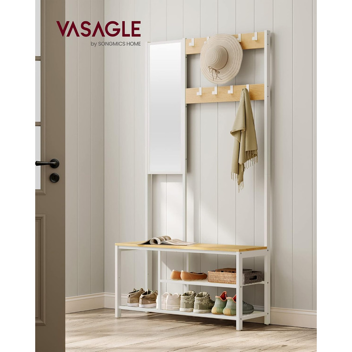 Вішалка для одягу, шафа з гачками, вішалка для одягу з дзеркалом, лавка для взуття та полиці, 36 x 98 x 185 см, для передпокою, спальні, вітальні, дубово-білий HSR050W09 Дуб біла полиця для взуття