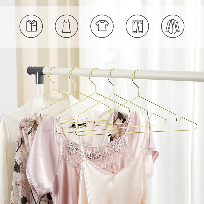 Металеві вішалки для одягу SONGMICS, 20 шт. , стильні хромовані, стійкі до іржі, компактні, довжина 42 см, золоті CRI044G01