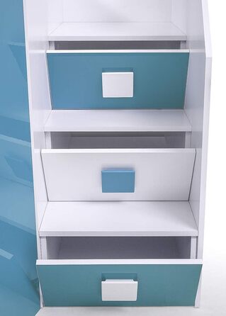 Двоярусне ліжко для дітей, підлітків з місцем для зберігання - Двоярусне ліжко з письмовим столом, шафою, полицею, шухлядами, сход