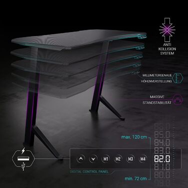 Ігровий стіл Ultimate Setup, регульована висота, електричний, чорний, ігровий стіл, ігровий стіл, ігровий стіл 180x80 см, карбонове покриття для ігрової кімнати, чорна рама 180x80x2,5 см