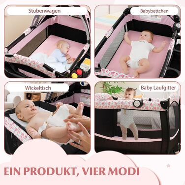 Дорожнє ліжечко 4-в-1 з матрацом, дитяче ліжечко 102 x 73 см з колесами, пеленальний килимок та колиска, складне приліжкове ліжечко для дітей 0-36 місяців та вагою до 15 кг (рожеві квіти)