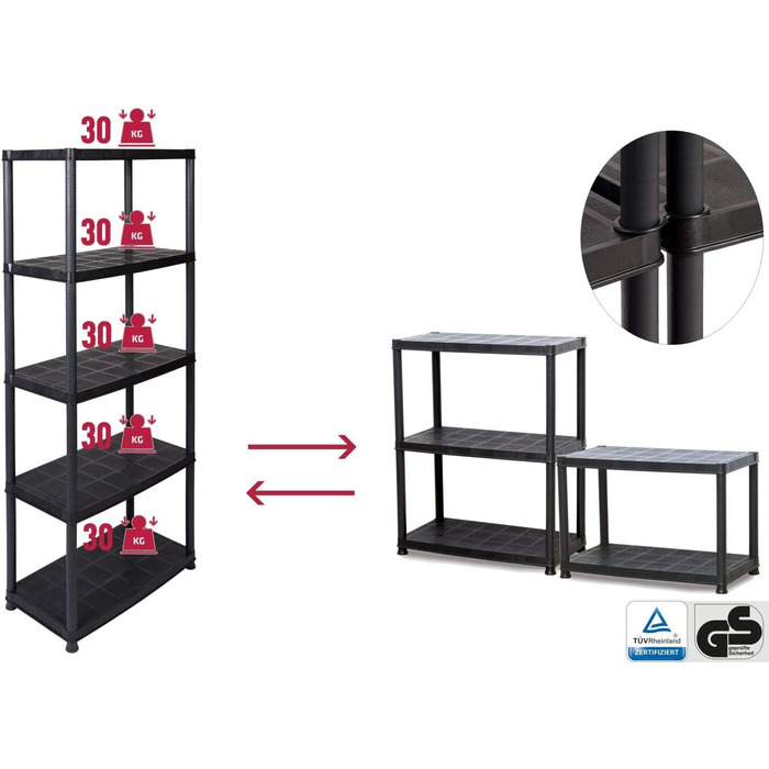 Суперпропозиція Пластиковий стелаж з 5 полицями та вантажопідйомністю 30 кг на полицю (загалом 150 кг), який можна розділити на полиці 32 завдяки модульній конструкції, а також додатковим кришкам та ніжкам.