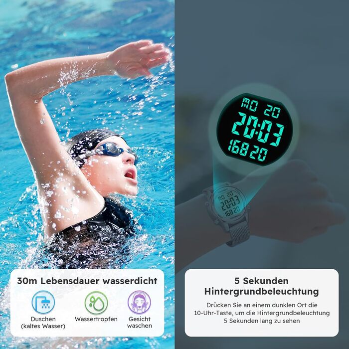 Крокомір, водонепроникний цифровий годинник для відстеження фітнесу, без Bluetooth та додатку, годинник для старших людей з крокоміром та лічильником калорій, спортивний годинник для ходьби/бігу, рожеве золото, жіночий, ширина ремінця 18 мм