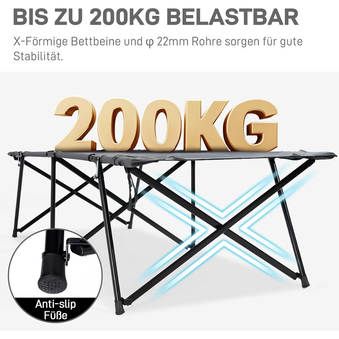 Розкладне похідне ліжко EVER ADVANCED XXL, вантажопідйомність 200 кг, 214 x 79 x 50 см, широке похідне ліжко з бічною кишенею, стабільне та портативне для кемпінгу, подорожей, саду, використання на вулиці та в приміщенні, сіре