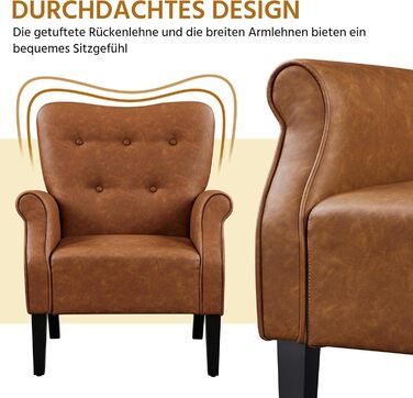 Сучасне крісло Yaheetech з вигнутою спинкою та дерев&39яними ніжками, м&39яке крісло-реклайнер, крісло для телевізора з підлокітниками, одномісний диван, комфортне сидіння, ретро-коричневий колір, поліуретан