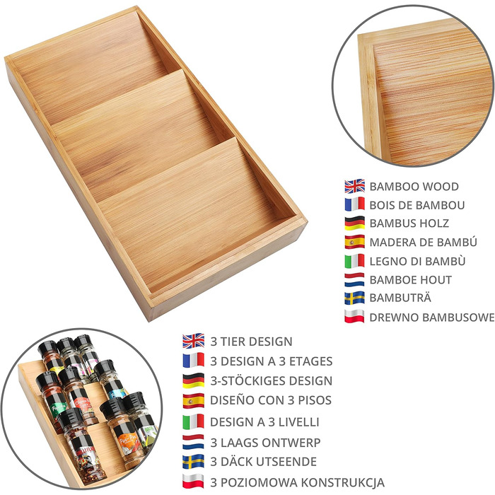 Стійка для спецій Kurtzy для кухні, 3 яруси, виготовлена з бамбукового дерева, стійка для спецій, горизонтальна шухляда зберігання спецій упорядкуйте сіль, спеції, трави та вітаміни у ваших шафках