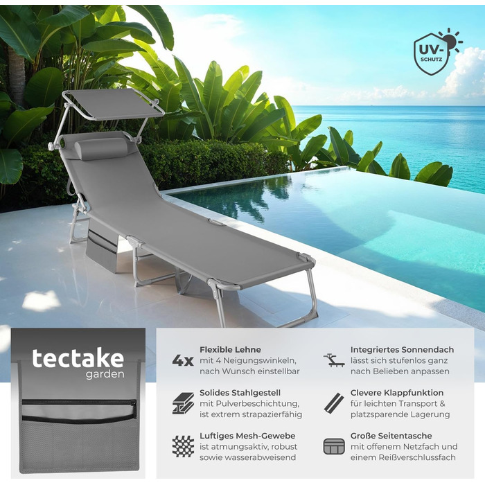 Складаний портативний шезлонг з бічною кишенею, пляжний шезлонг, садовий шезлонг з навісом, крісло-відкидний крісло з регульованою спинкою, включаючи підголівник - для балкону, тераси, кемпінгу - сірий