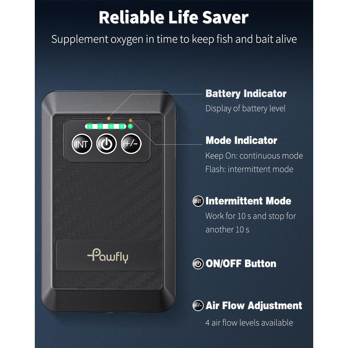 Акваріумний повітряний насос Pawfly з літієвою батареєю, USB-акумулятор, кисневий насос для акваріума 20-500 л, портативний тихий аератор для живої приманки для риболовлі на свіжому повітрі та відключення електроенергії