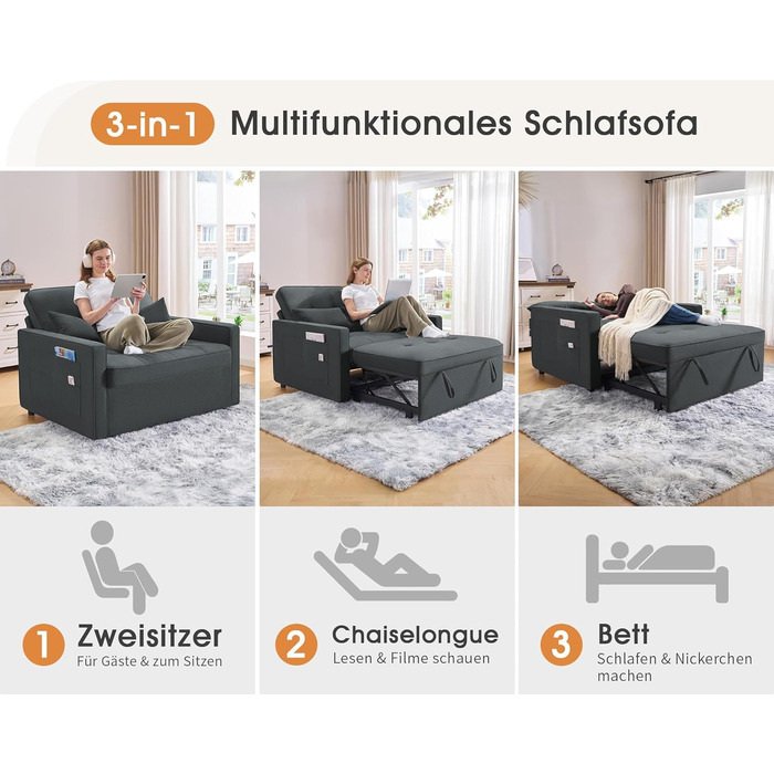 Диван-ліжко 186 x 122 см з 5-позиційним регулюванням спинки, диван-ліжко 3-в-1 з подушками та бічною кишенею, сірий лляний диван для гостьових кімнат та невеликих приміщень