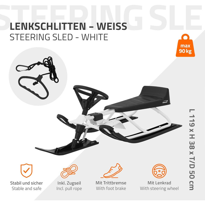 Німеччина Санки з кермом, дитячі санки від 5 років, скібоб для дітей та дорослих до 90 кг, санки з кермом, ножні гальма, тяговий т