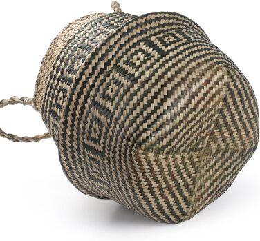 Кошик для рослин з морської трави, квітковий горщик, великий натуральний плетений кошик для білизни з ручкою для зберігання рослинних іграшок (чорна смужка), 32 x 28 см, чорна смужка