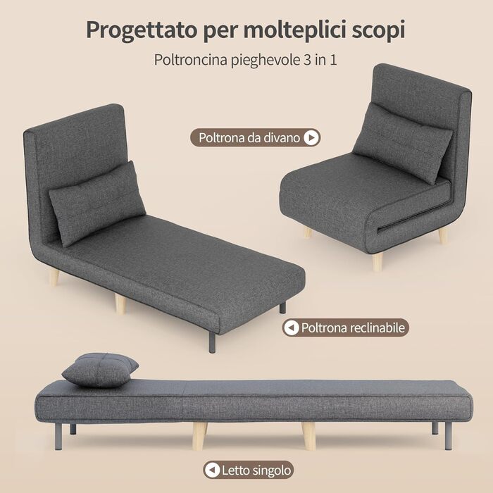 Крісло-реклайнер Bealife, розкладне крісло-ліжко, крісло-реклайнер для телевізора з функцією відкидання, крісло для відпочинку для вітальні, спальні, темно-сіре