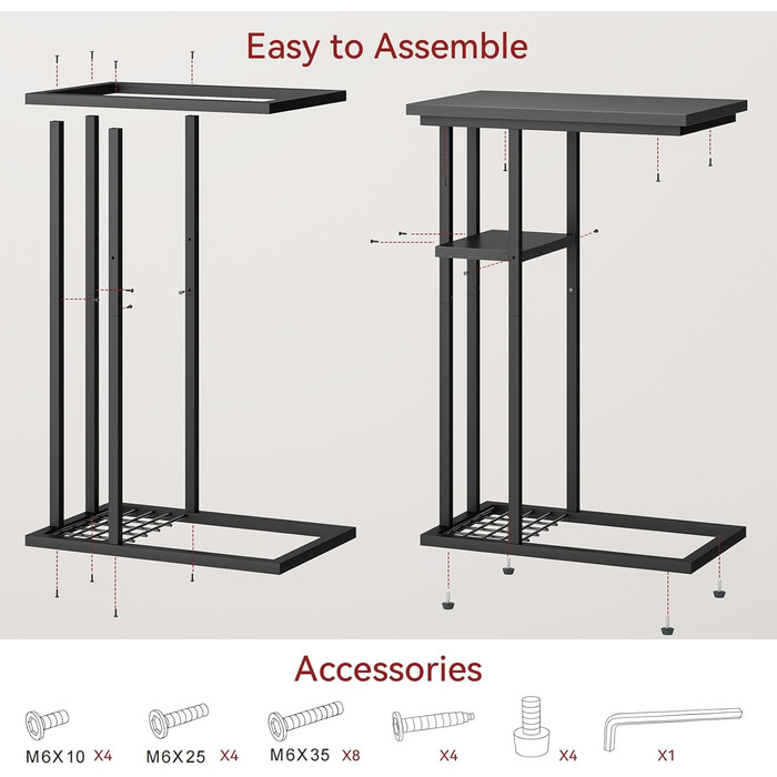 Журнальний столик YMYNY C-подібної форми, елегантний маленький диван-столик, промисловий дизайн, диван-столик 40 x 26 x 61,5 см, стіл для вітальні, спальня, вітальня, чорний HST004B, комплект з 1 предмета, чорний