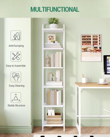 Полиця Hzuaneri, книжкова шафа, стояча полиця, вузька полиця з 6 полицями, вузька офісна полиця, кутова полиця для офісу, вітальні, спальні, кухні, 30 x 33 x 166 см, білий BC24613W 30 x 33 x 166 см білий