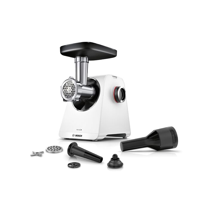 М'ясорубка Bosch MultiPower Serie 6 MFWS607W, 2 перфораційні решітки (4,5 та 8 мм), нержавіюча сталь, підходить для посудомийки, насадки для кеббе та ковбас, потужність 2100 Вт, біла