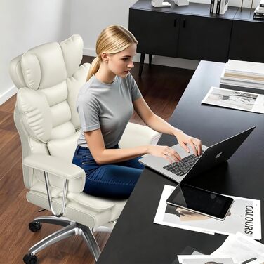 Офісне крісло naspaluro з підставкою для ніг, ергономічне робоче крісло з висувним підголівником, велике крісло керівника зі штучної шкіри з високою спинкою, комп&39ютерне крісло для домашнього офісу, біле 77 см * 66 см * 134 см