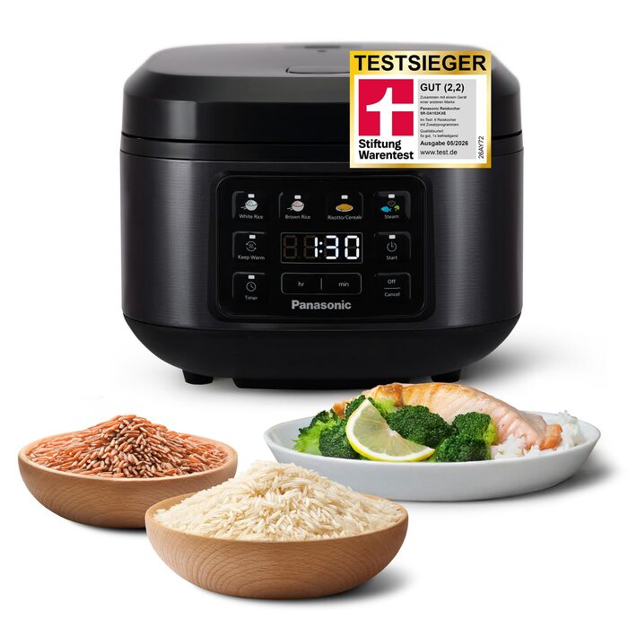 Рисоварка-пароварка Panasonic SR-DA152KXE, 1,5 л (8 чашок), Fuzzy-логіка, індикатор рівня води, BPA-free, режим підігріву, відкладений старт, чорна