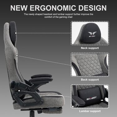 Ігрове крісло, ергономічне гоночне ігрове крісло з регульованим підголівником, робоче крісло з тканинною оббивкою, пружинною подушкою сидіння, з&39єднувальними підлокітниками та підставкою для ніг, функцією гойдання, новим підлокітником 135 - чорне