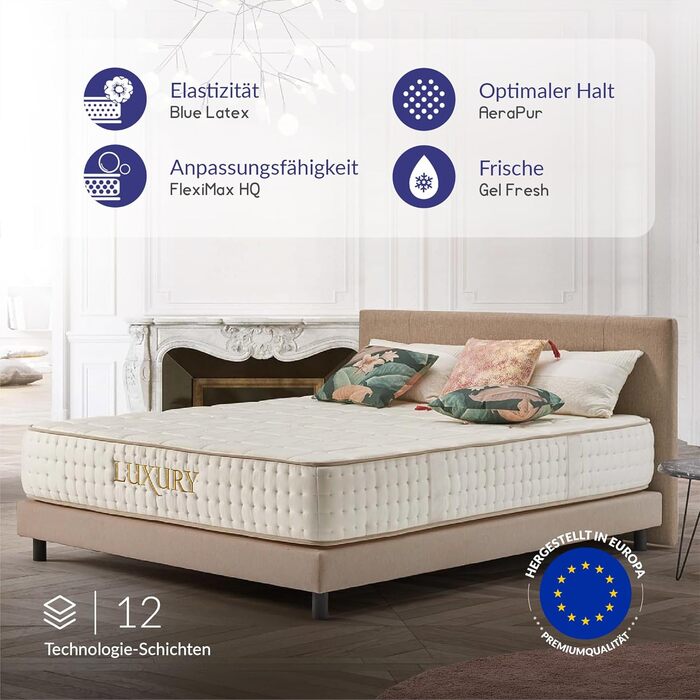 Матрац 180x200 - Розкішний - Матрац з холодної піни, висота 30 см - H4 - Ергономічний Гіпоалергенний Двосторонній - Латексний синій 7 зон - Сертифікований Oeko-Tex, висота 180 x 200 см