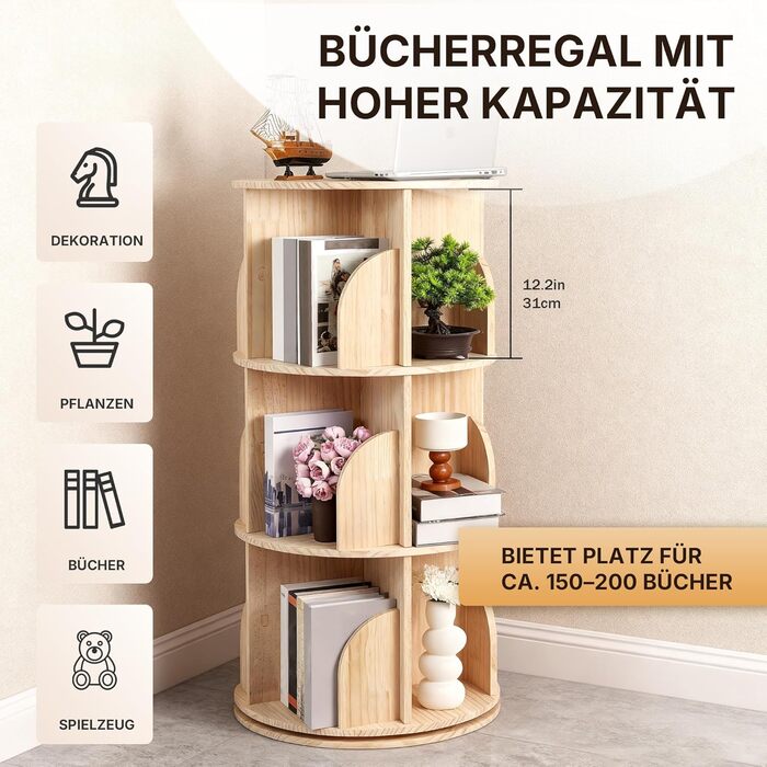 Дитяча книжкова полиця Allyson, що обертається на 360 градусів, 3 рівні, багатофункціональна підставка для компакт-дисків для вітальні та офісу, кругла полиця для файлів для дитячої кімнати та спальні