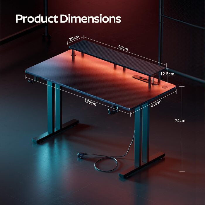 Ігровий стіл зі світлодіодним освітленням, комп&39ютерний стіл 120 x 60 см з розетками та USB-портом для зарядки, ігровий стіл з підставкою для монітора, карбоновим покриттям, підсклянником та гачком для навушників, чорний 120 x 60 см