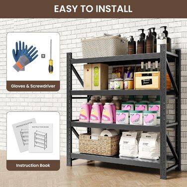 Міцний металевий стелаж, стелаж без болтів, стелаж для зберігання, стелаж для майстерні, стелаж для підвалу, стелаж для гаража, кухонний стелаж, окремостоячий стелаж, сталевий стелаж, 4 рівні, вантажопідйомність полиць 265 кг, регульовані полиці, 160x120x