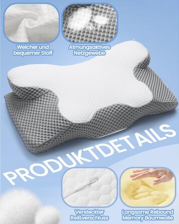 Подушка для шиї, подушка з піни з ефектом пам&39яті, ергономічна ортопедична подушка, 2 висоти для сну, зручна подушка для сну на боці, спині та животі, сіра