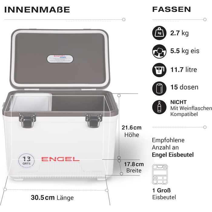 Холодильник ENGEL 13qt (12,3 літра) Герметичний, портативний, невеликий холодильник для кемпінгу, пікніків, походів, фестивалів - холодильник без електрики для чоловіків та жінок, 38 x 25,4 x 28,5 см, білий