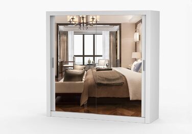 Шафа з дзеркалом - Шафа з розсувними дверима - Шафа для спальні - 64 x 203 x 215 см - Шафа для вітальні - Вішалка для одягу, Шафа з двома дверима, Сучасна 200 см Біла